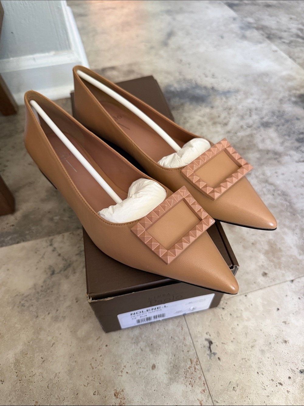 Paolo Nude/Tan Pointed Toe Flats with Geometric Buckle